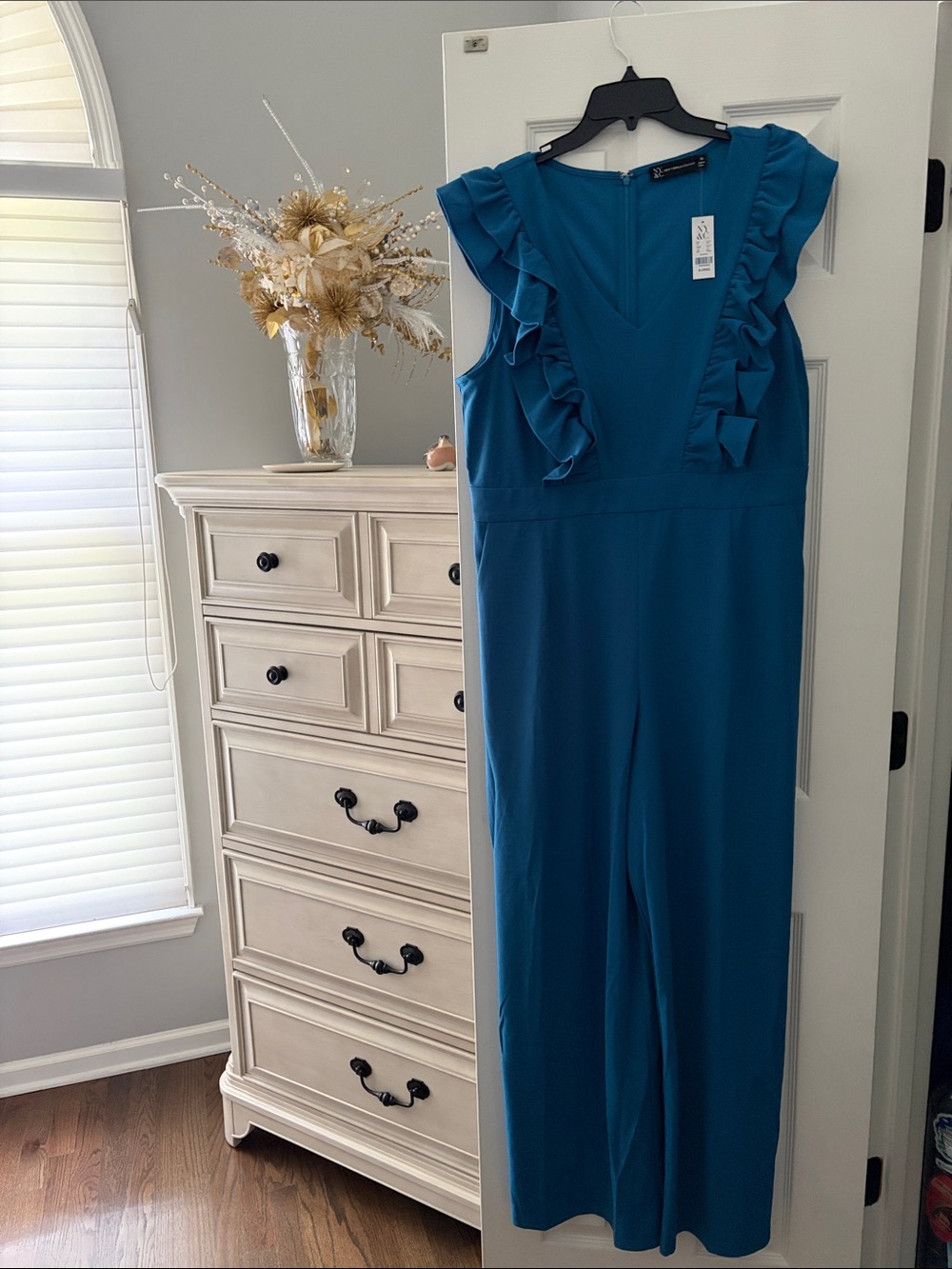 New York & Company Teal Ruffle Detail Dress